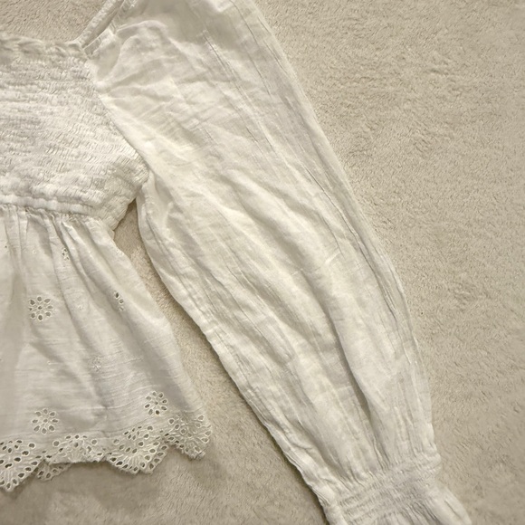 American Eagle Large Smocked White Peplum Blouse Boho Cottagecore LongSleeve Top - Picture 5 of 15